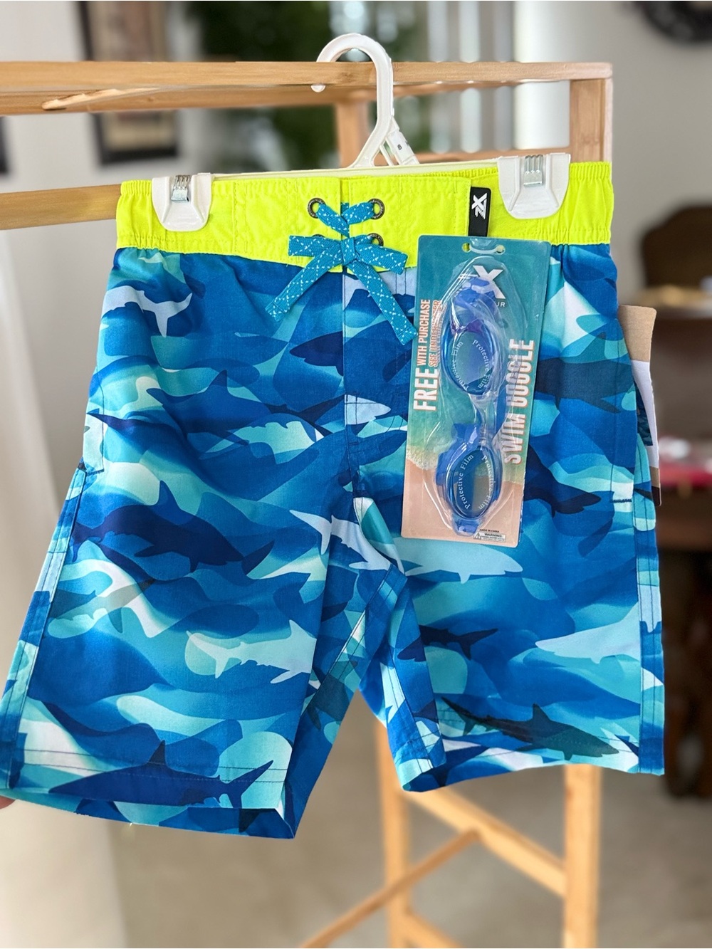 Xersion Blue Camouflage Swim Shorts with Neon Yellow Waistband